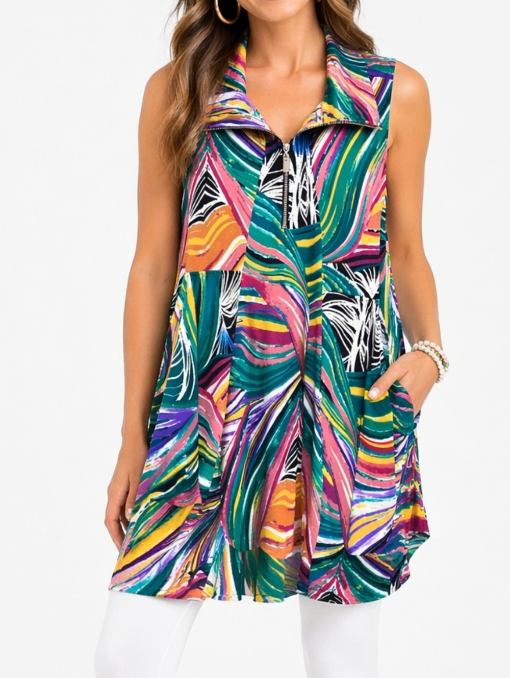 Papa Vancouver Multicolor Abstract Print Zip Front Sleeveless Tunic Dress Boho